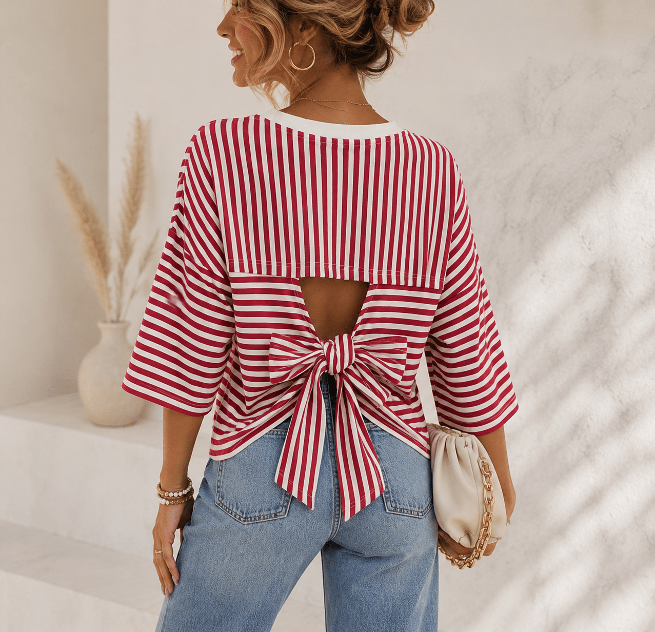 Gestreepte Open Rug Met Strik - La Femme Boutique